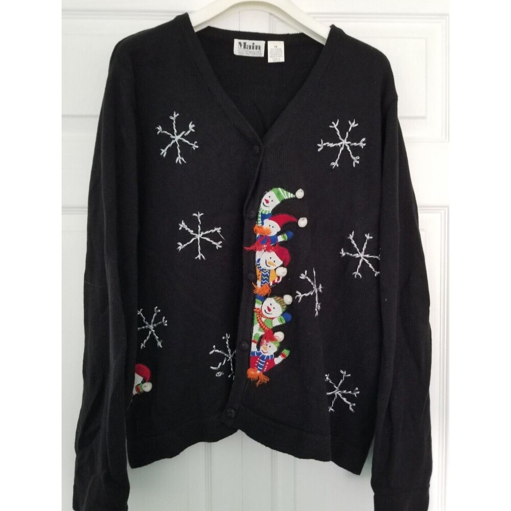 Vintage Holiday Knit Cardigan Snowmen & Snowflakes Embroidered Size 1X